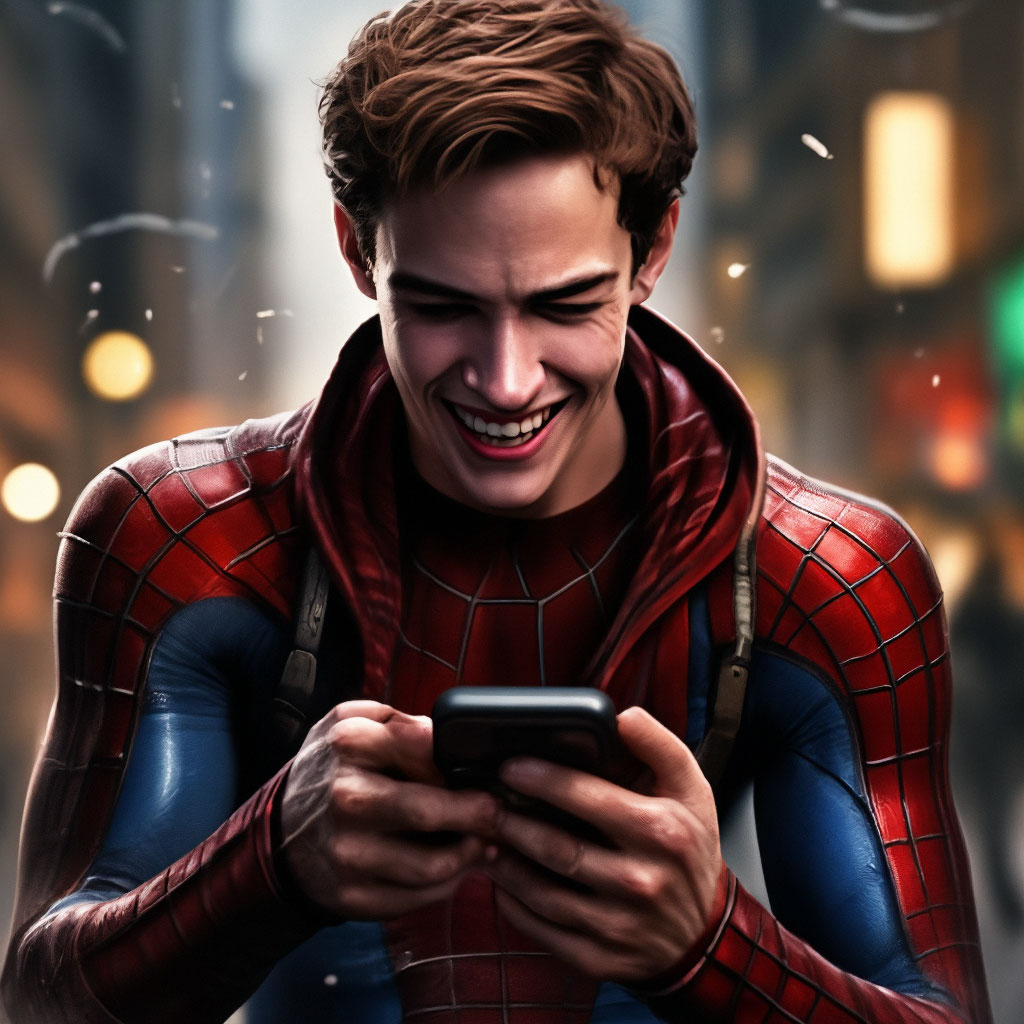 Человек паук держит телефон и …» — создано в Шедевруме