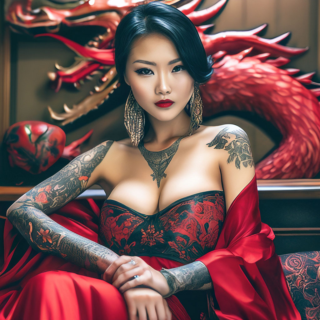 Девушка с татухой дракона азиатка …» — создано в Шедевруме