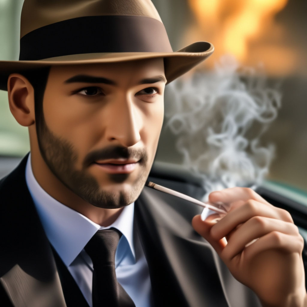 Professional photo.Tom Ellis Lucifer Morningstar in the style of a gangster  of the 40s. In a hat.Smokes in the car…