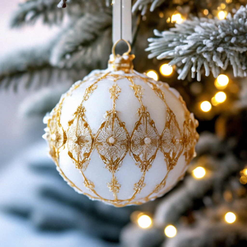 "A large white glass ball with gold lace on a Christmas tree branch ...