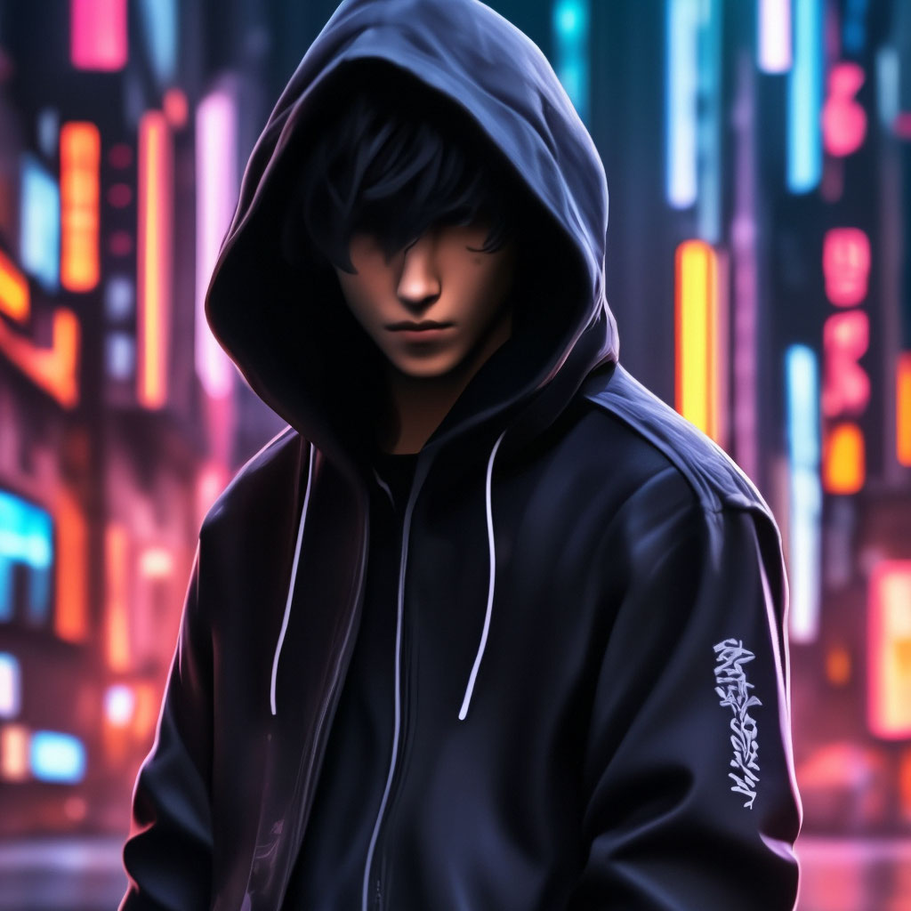 Anime guy black hair black hoodie image created in Shedevrum