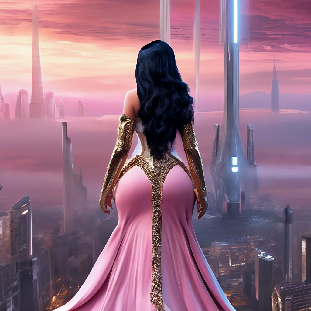 The back of black Nicki Minaj with long straight black hair to the floor,  "  image created in Shedevrum