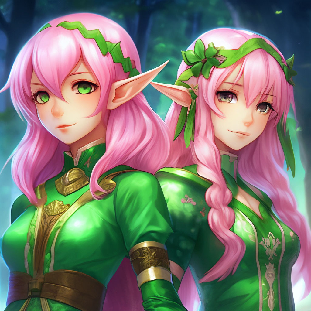 Two anime girls with pink hair in a green elf dress"  image created in  Shedevrum