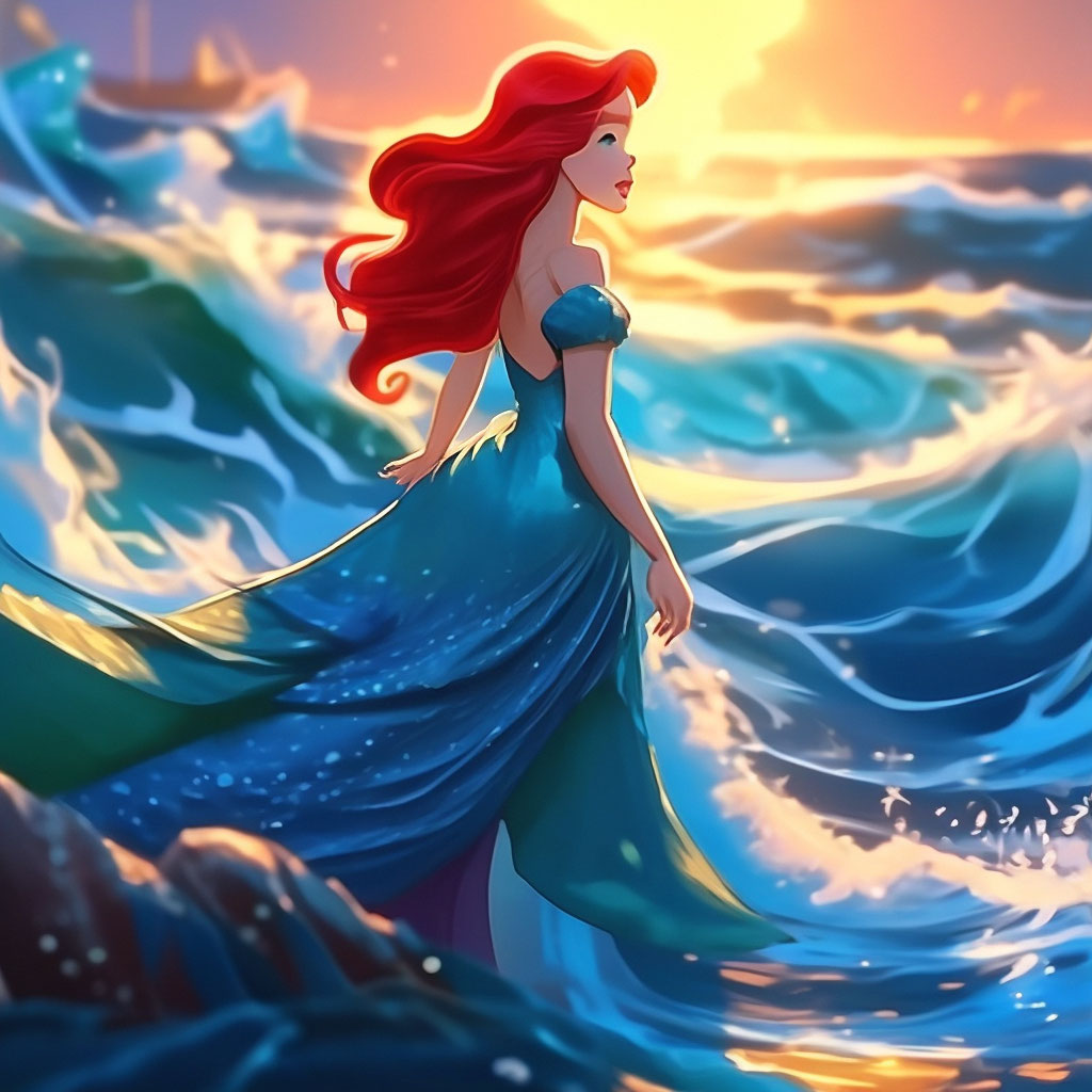The little mermaid ariel blue dress, waves of the sea ,hyperdetalization,  "  image created in Shedevrum