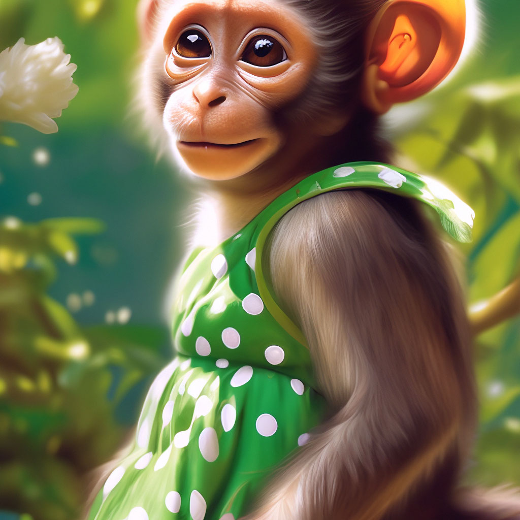 Anfisa monkey, funny, funny, cute, cute, dark eyes, brown fur, light green  "  image created in Shedevrum