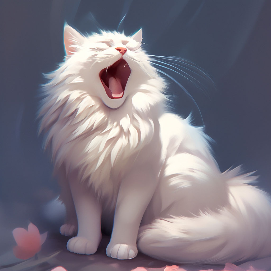 Белая пушистая кошка зевает. фэнтези…» — создано в Шедевруме