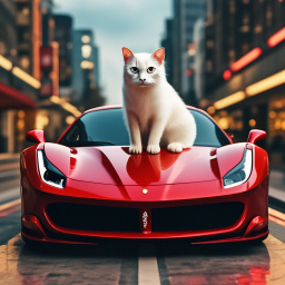 «A white cat on a red Ferrari car» — video created in Shedevrum