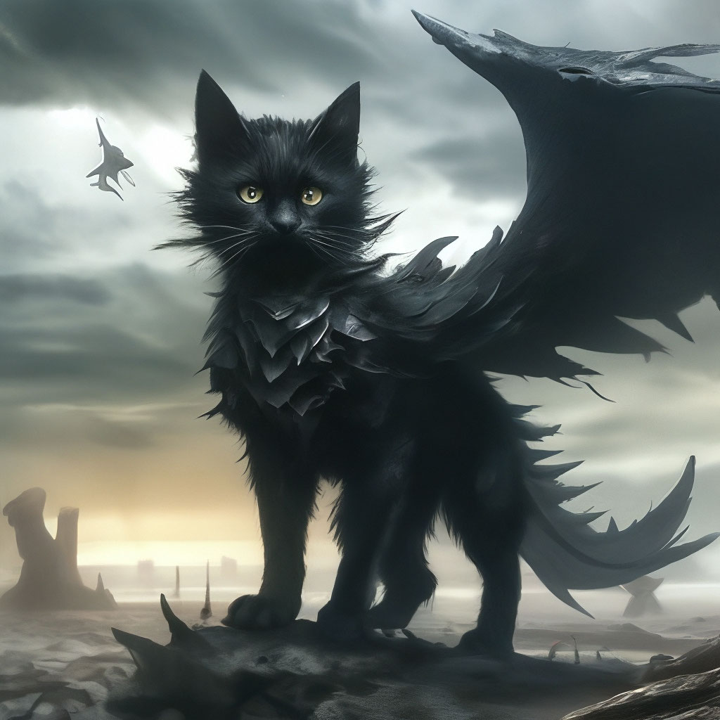 Черная кошка с драконьими крыльями» — создано в Шедевруме