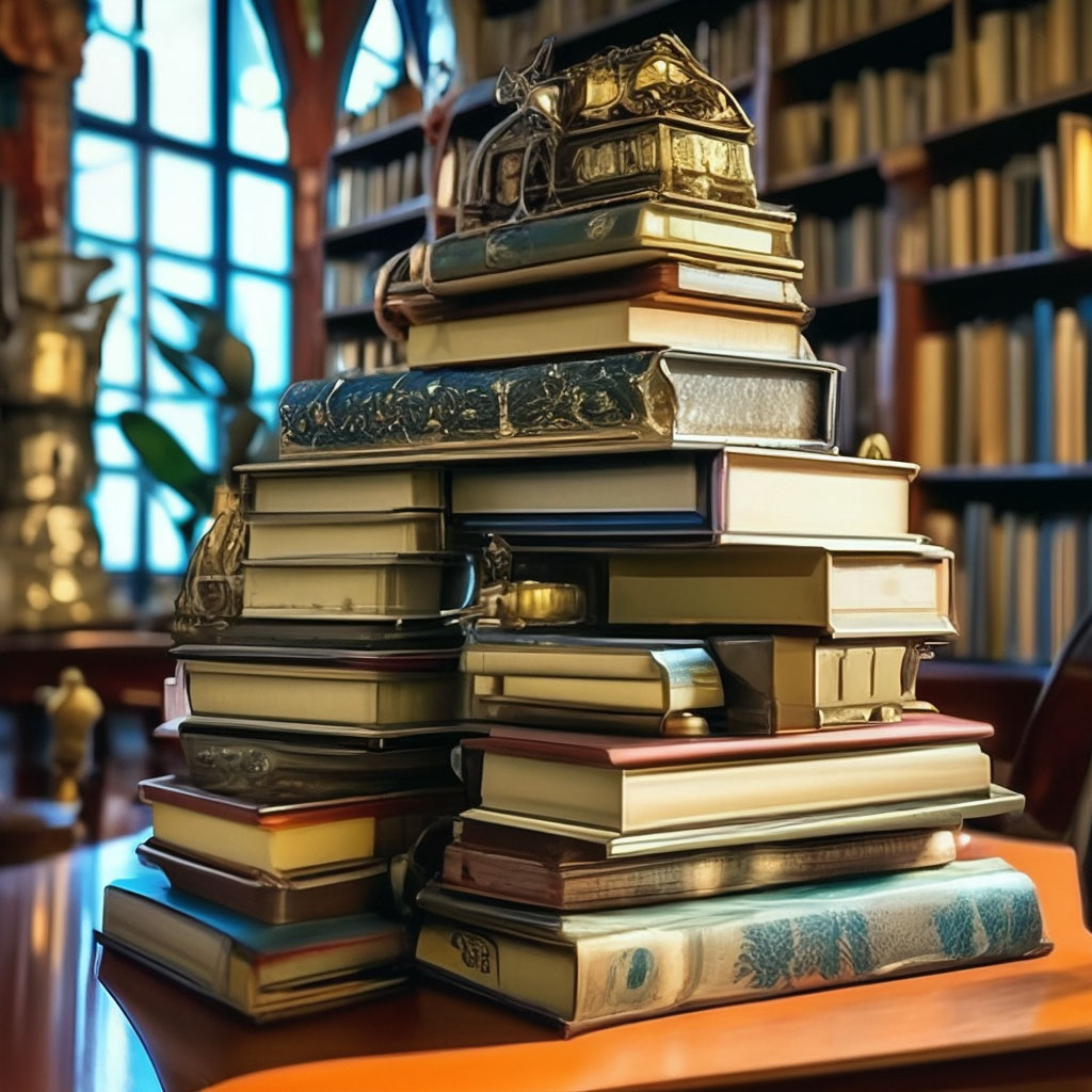 Стопка книг на столе в библиотеке…» — создано в Шедевруме