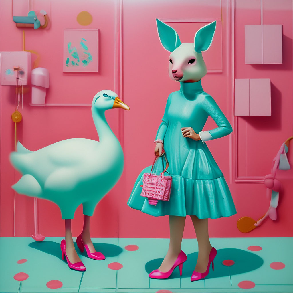 «Свинья+гусь в бирюзовом платье и …» — картинка создана в Шедевруме