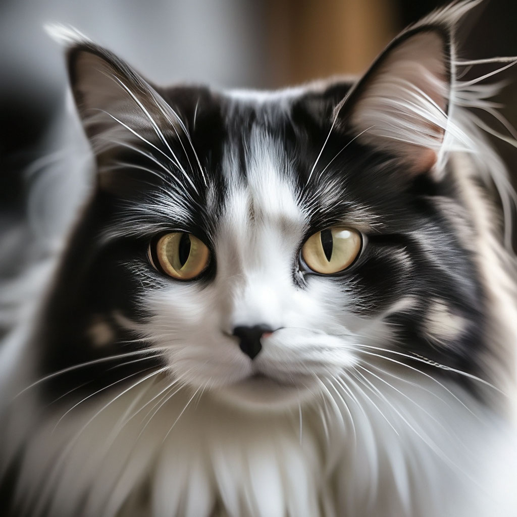 Красивый пушистый чёрно-белый кот …» — создано в Шедевруме