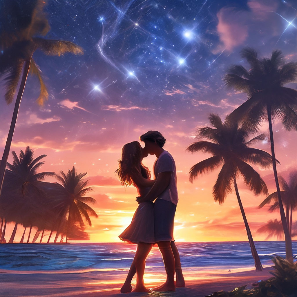 Мальчик и девочка целуются на фоне заходящего… | Мария М.» — Шедеврум