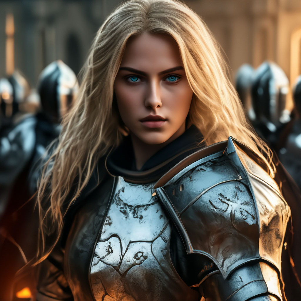 "A knight girl with green eyes, blonde hair just below her shoulders, a ...