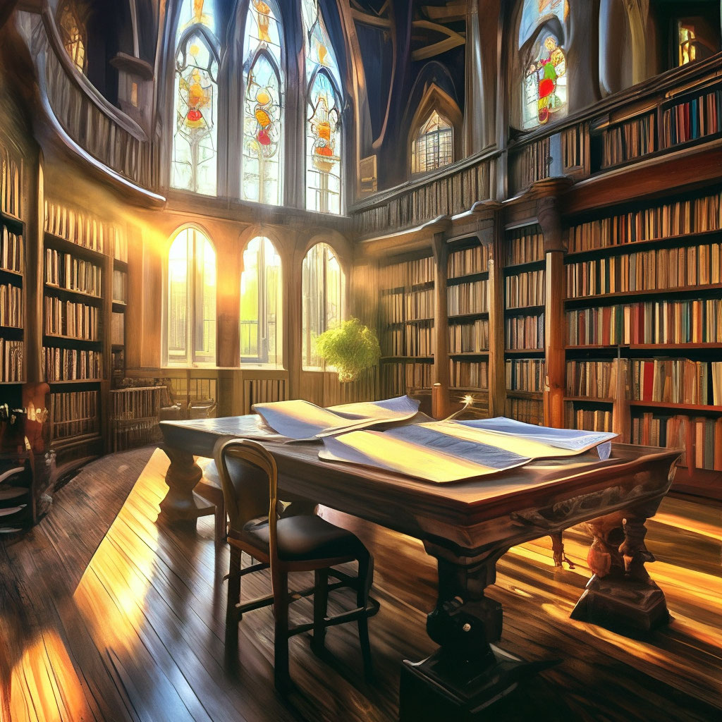 🔮✨ большой старинный массивный деревянный стол, высокая стопка бумаг на столе, готический библиотечный зал, яркие витражные окна, сквозь которые пробиваются лучи вечернего заката, &hellip;