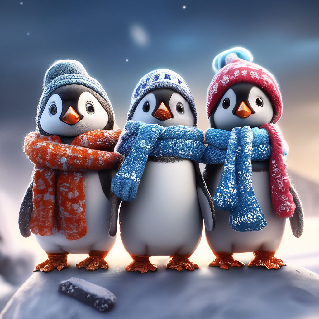 Три пингвина в шарфах и шапочках, …» — создано в Шедевруме