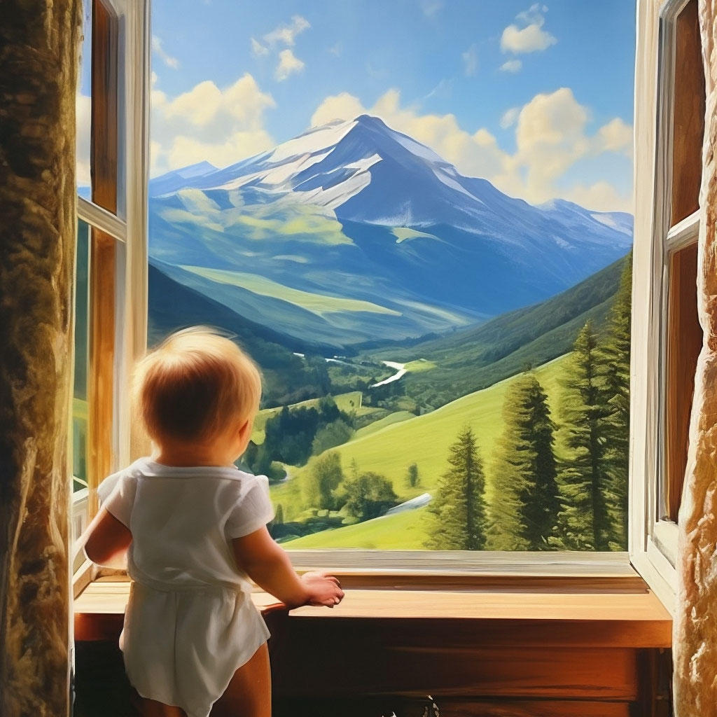 Вид на горы из окна, малыш» — создано в Шедевруме