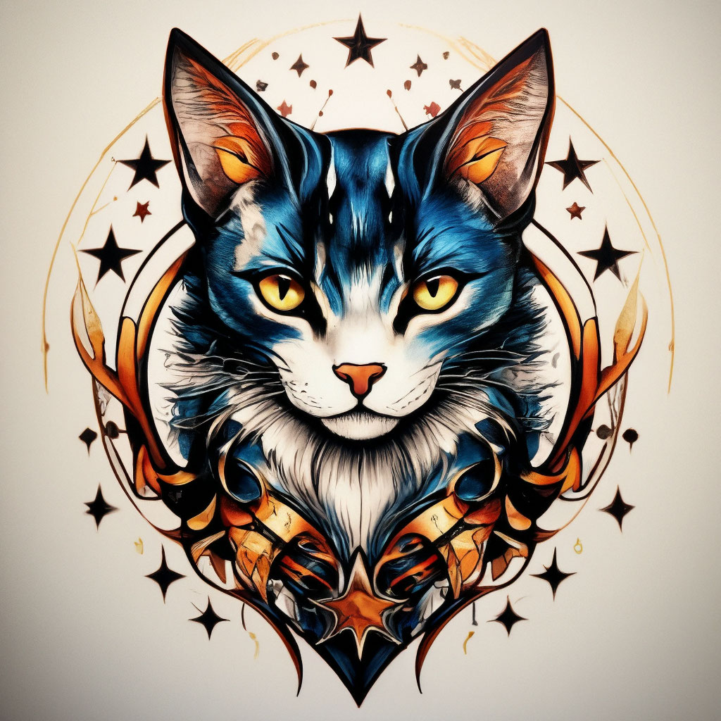Цветной тату эскиз, кошка, звёзды…» — создано в Шедевруме