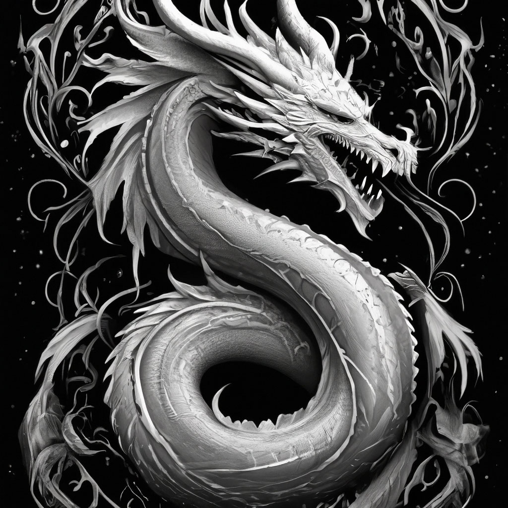 Белый извилисты дракон на черном …» — создано в Шедевруме