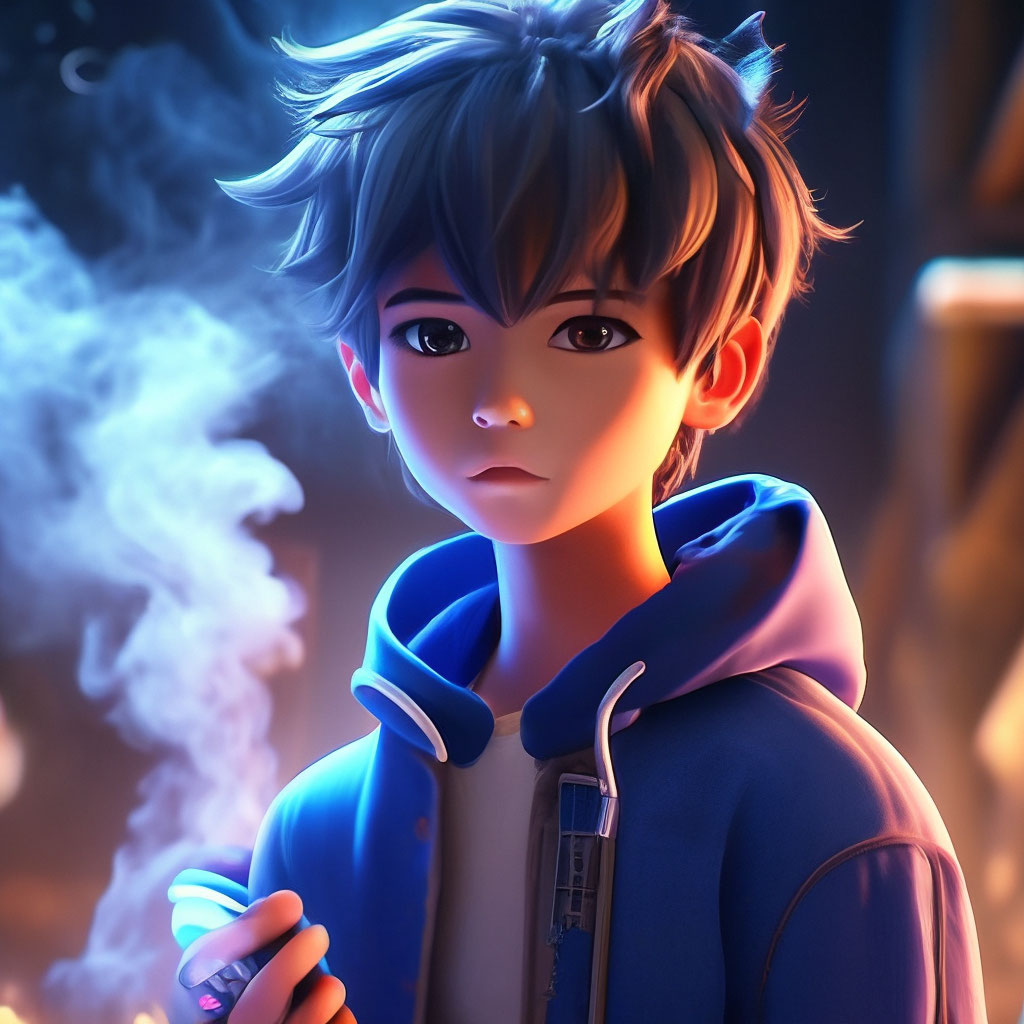 Anime style,a boy stands with a vape and smokes high resolution,high  detail,4k,photorealism,hyperrealism,2d render"  image created in Shedevrum