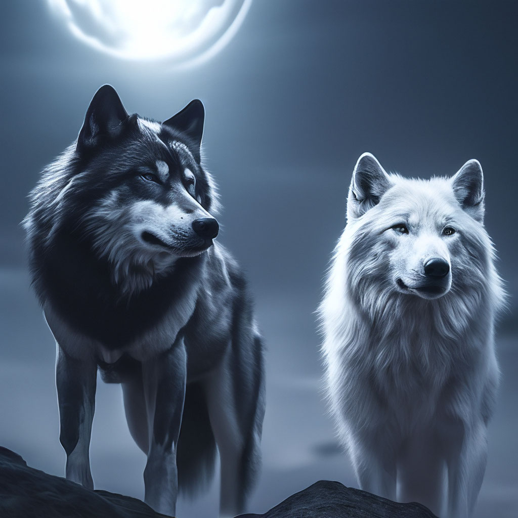 Чёрный волк и белая волчица, в …» — создано в Шедевруме