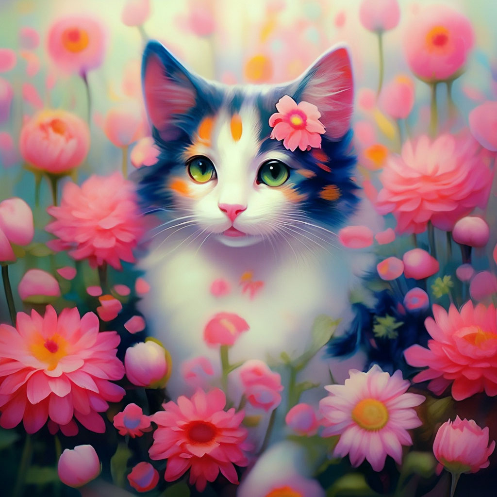 Кошка с цветами рисунок