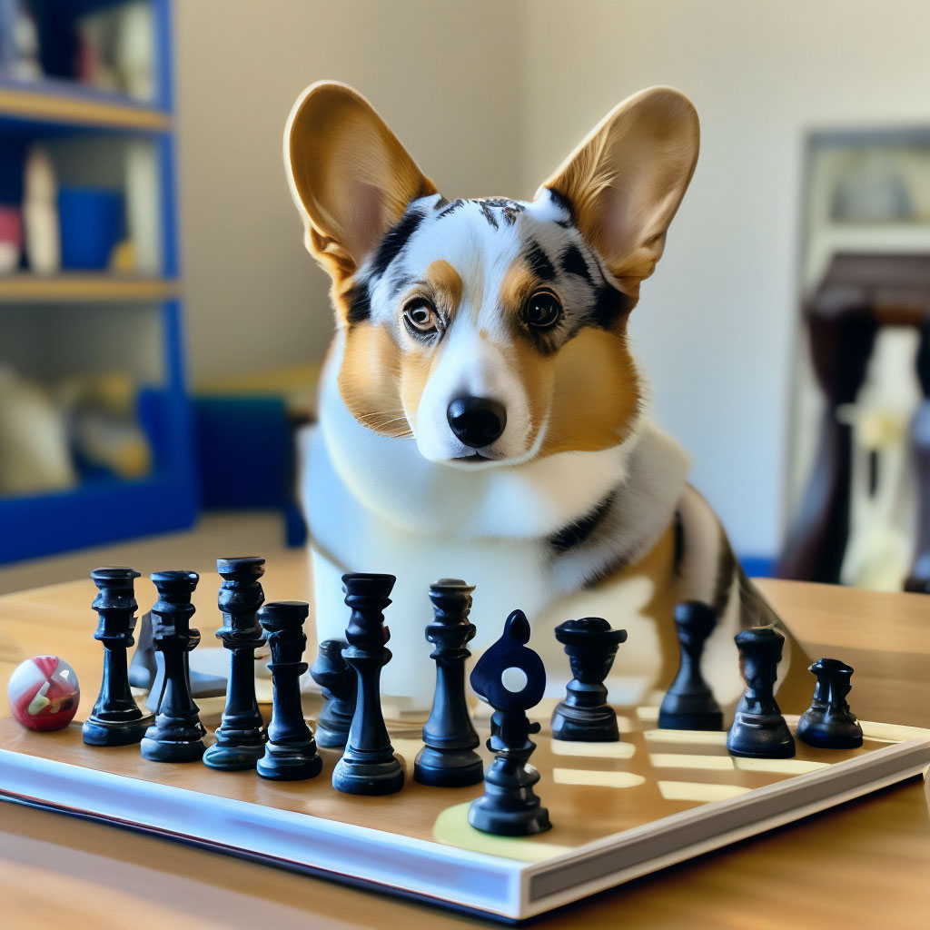 Корги блю мерль играет в шахматы» — создано в Шедевруме