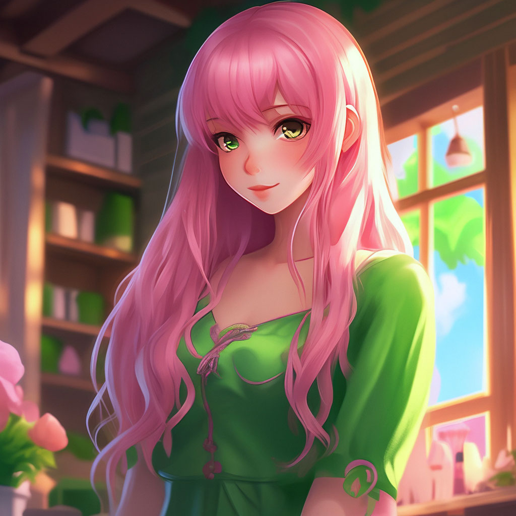 A girl,20 years old,with long pink hair,with dyed bangs in green,tender,"   image created in Shedevrum