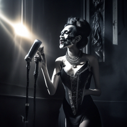 «A skeleton girl, a jazz singer, sings into a microphone illuminated by ...