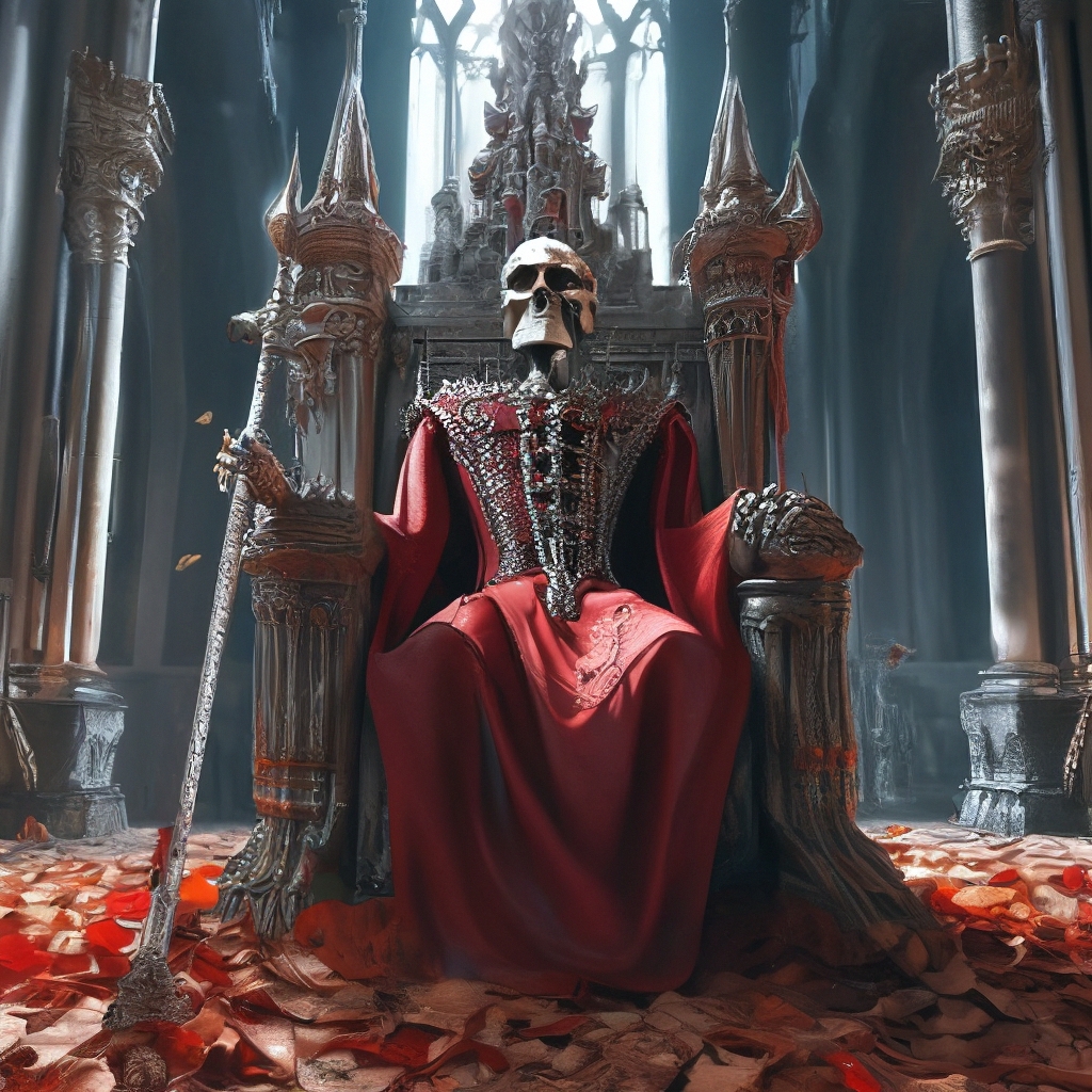 Скелет человека сидит на троне в …» — создано в Шедевруме
