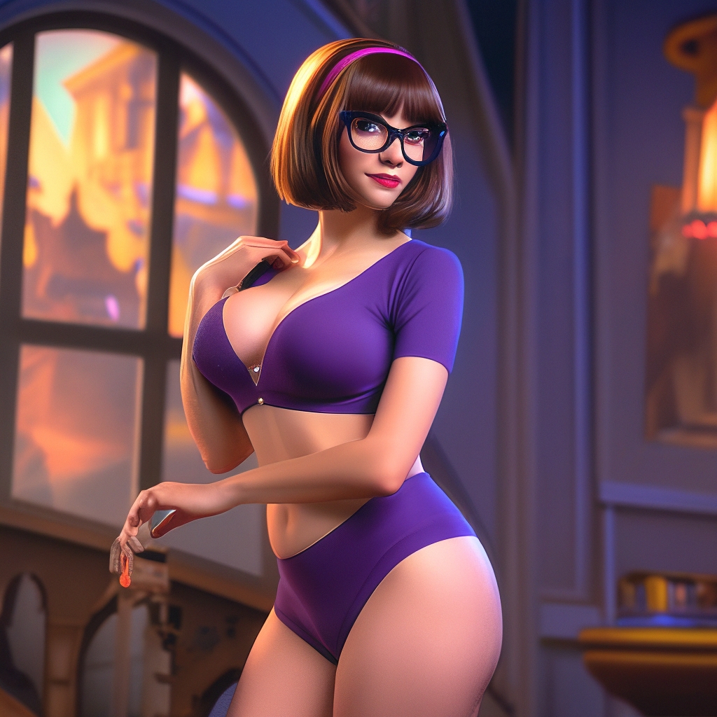 Velma Dinkley from Scooby-Doo in a seductive image in full-length underwear"   image created in Shedevrum