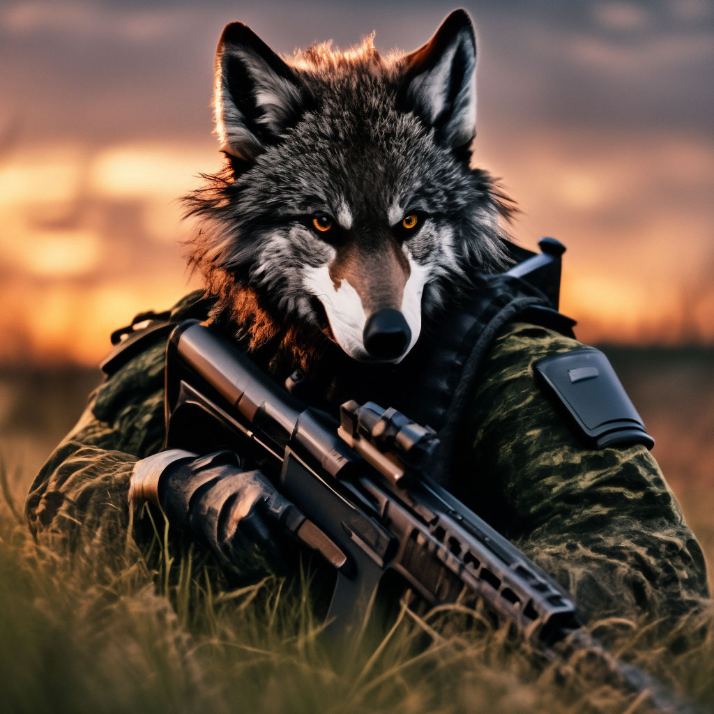 Антропоморфный Волк с оружием сидят …» — создано в Шедевруме