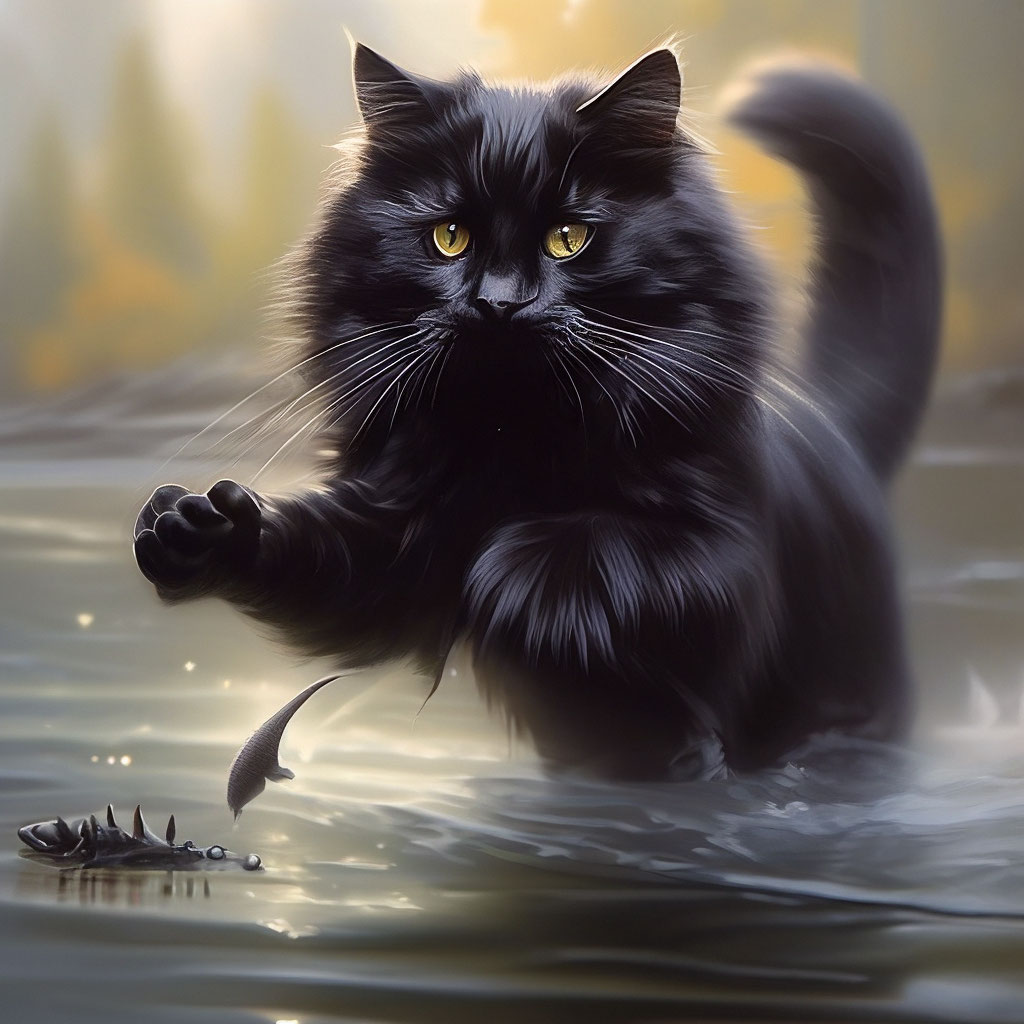 Чёрный сибирский кот ловит рыбу» — создано в Шедевруме