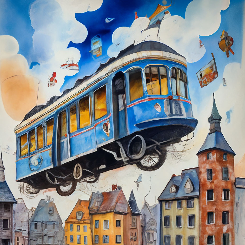 Старый трамвай летит над землей над…» — создано в Шедевруме