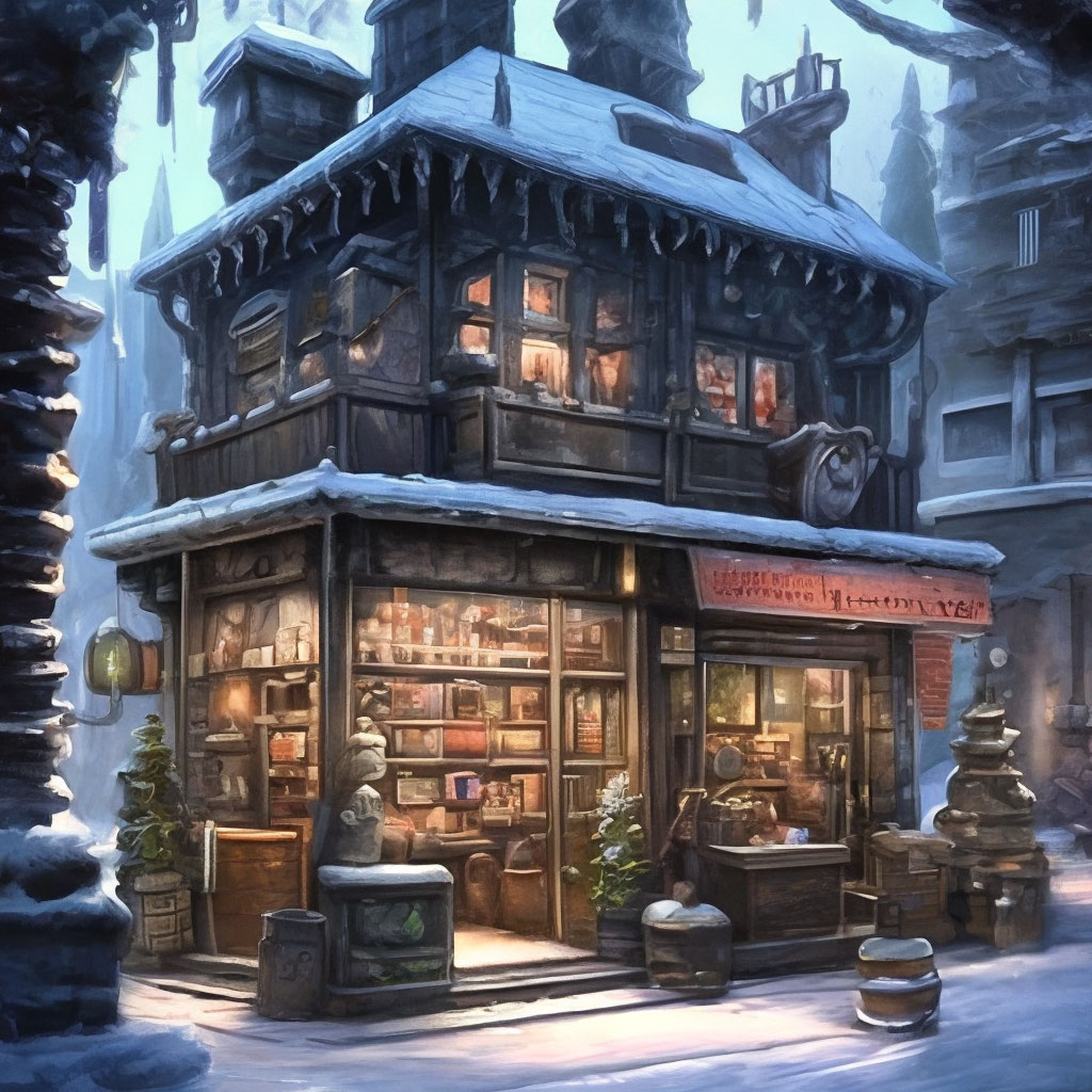 Жуткий магазин зимой внутри фентези …» — создано в Шедевруме