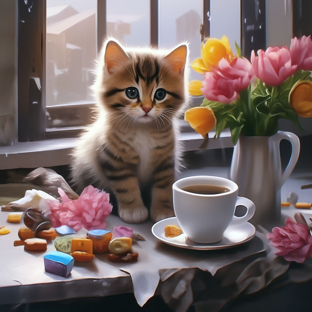 Котик . кофе . конфеты . цветы . …» — создано в Шедевруме