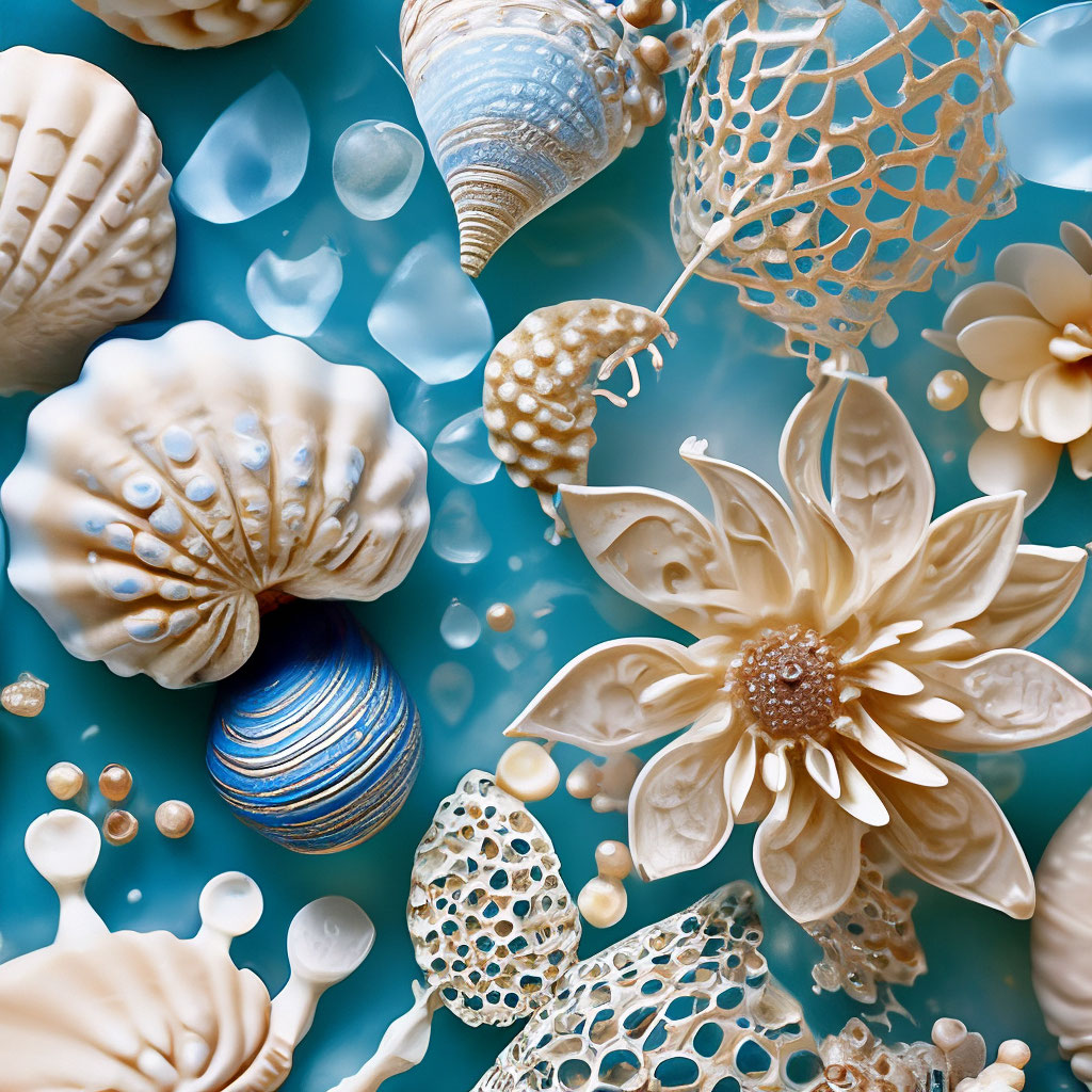 «Patterns of shells and flowers and web, light blue, light beige,white ...
