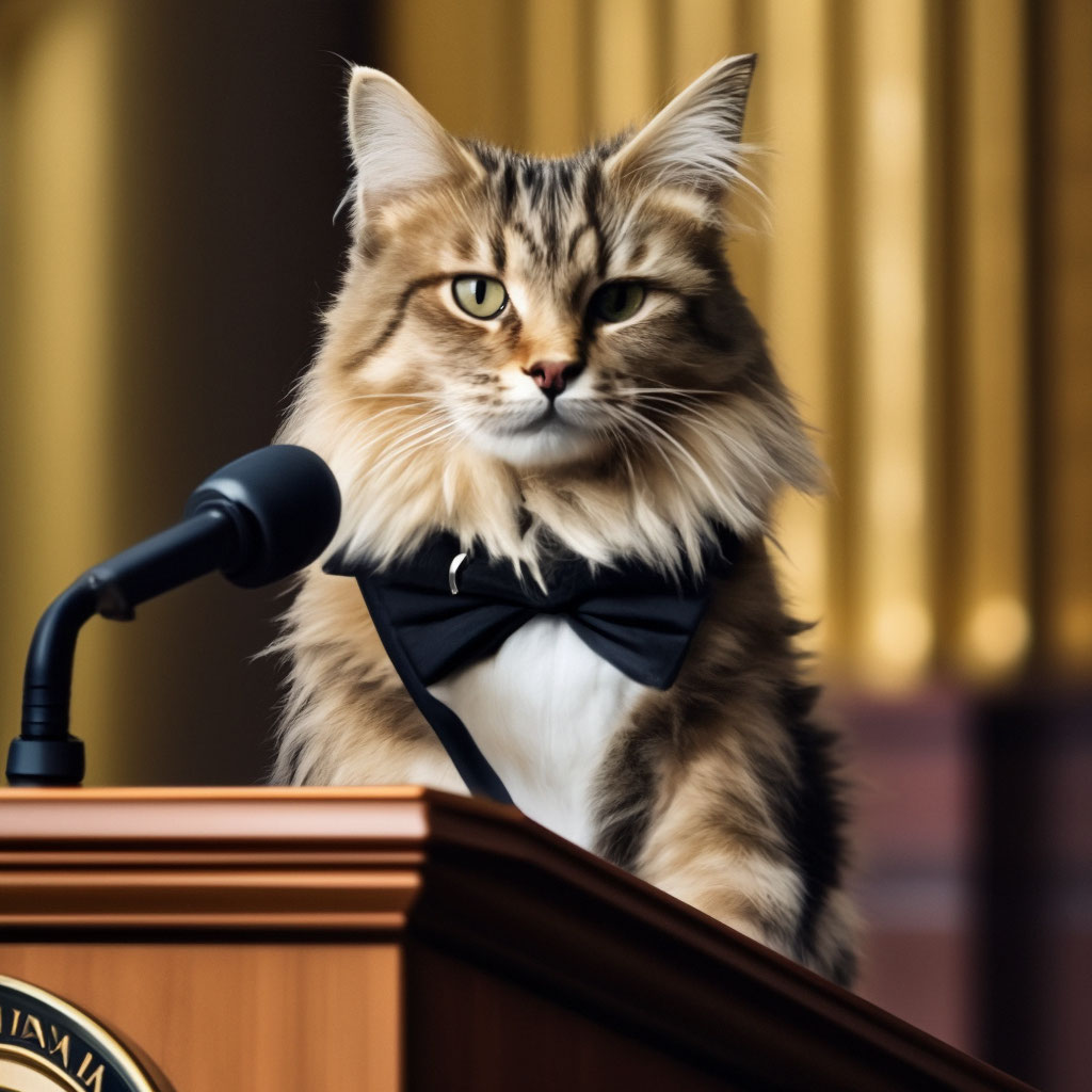 Cat speaker on the podium" — image created in Shedevrum
