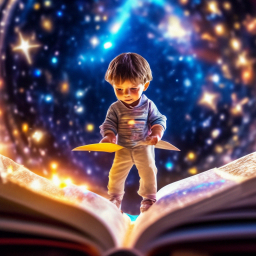 «A tiny mini boy stands on a large, open, magical book inside the book ...
