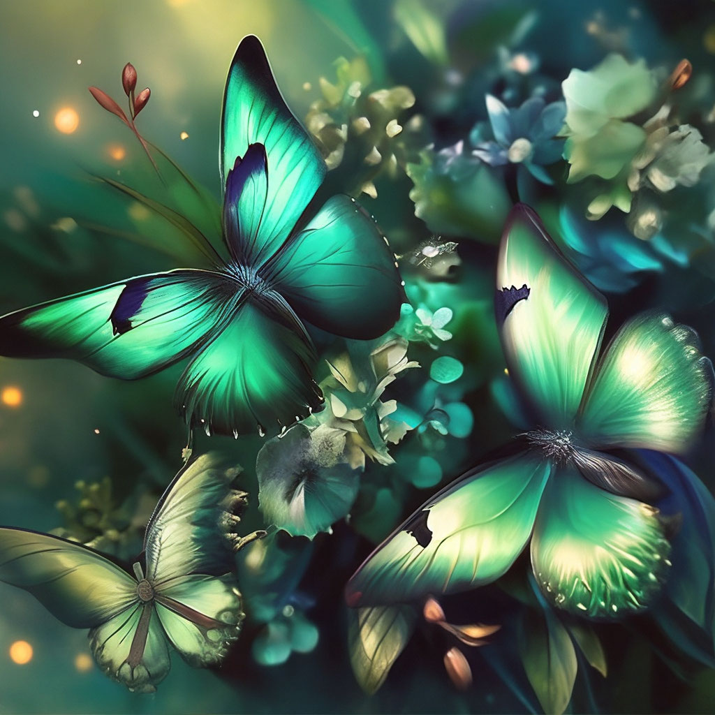 Изумрудные цветы, необычные бабочки, …» — создано в Шедевруме