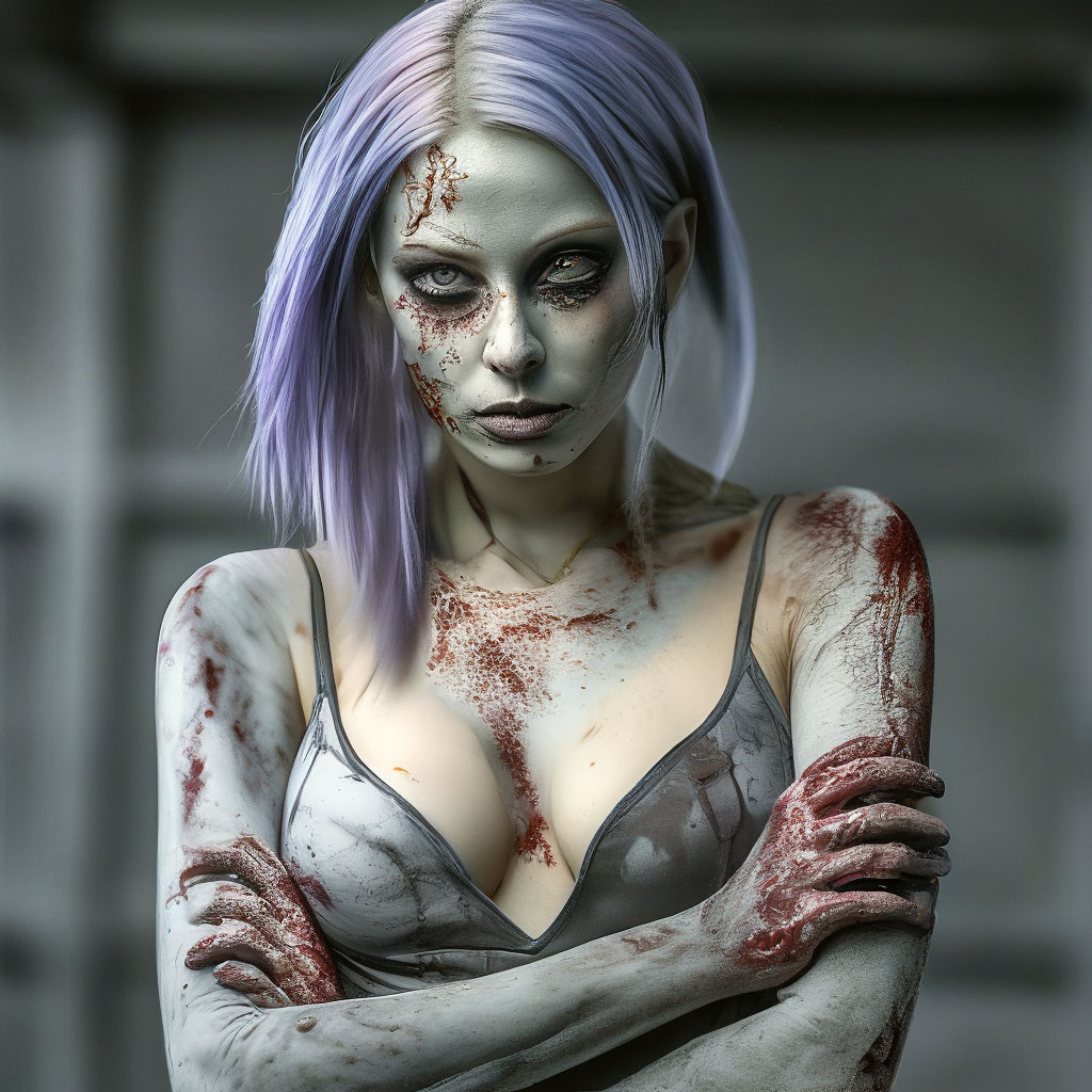 "A young zombie girl, gray background and multicolored hair, gray ...