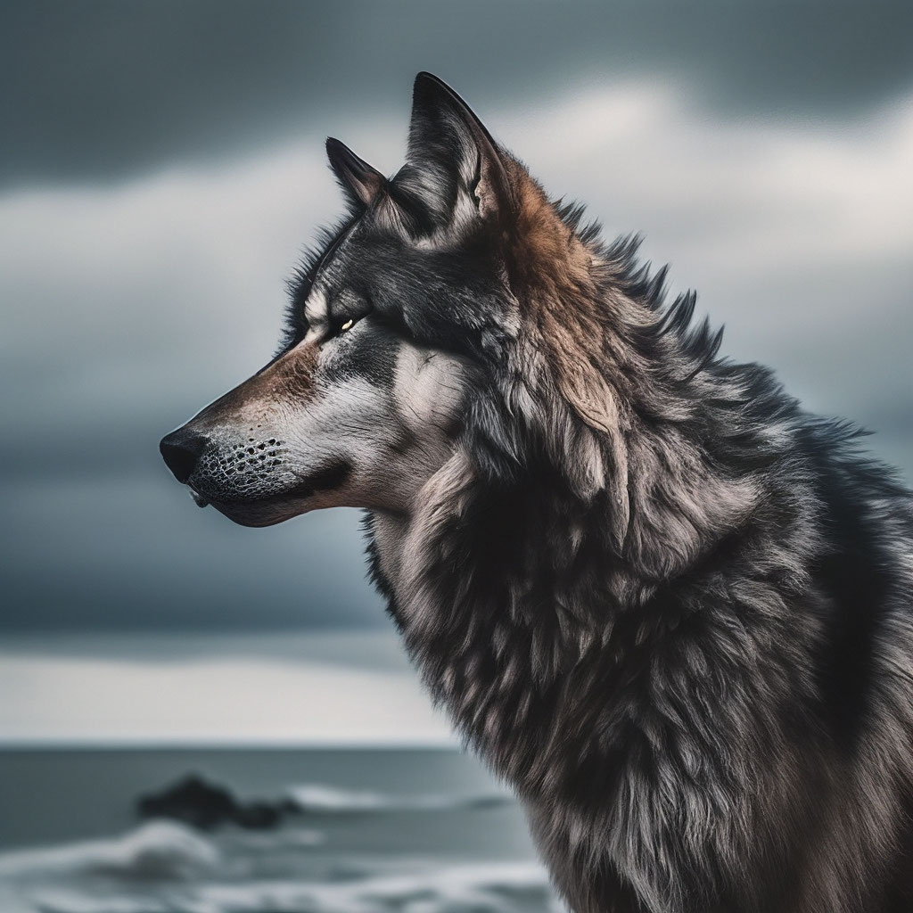 Волк чёрный в облаках гипер …» — создано в Шедевруме