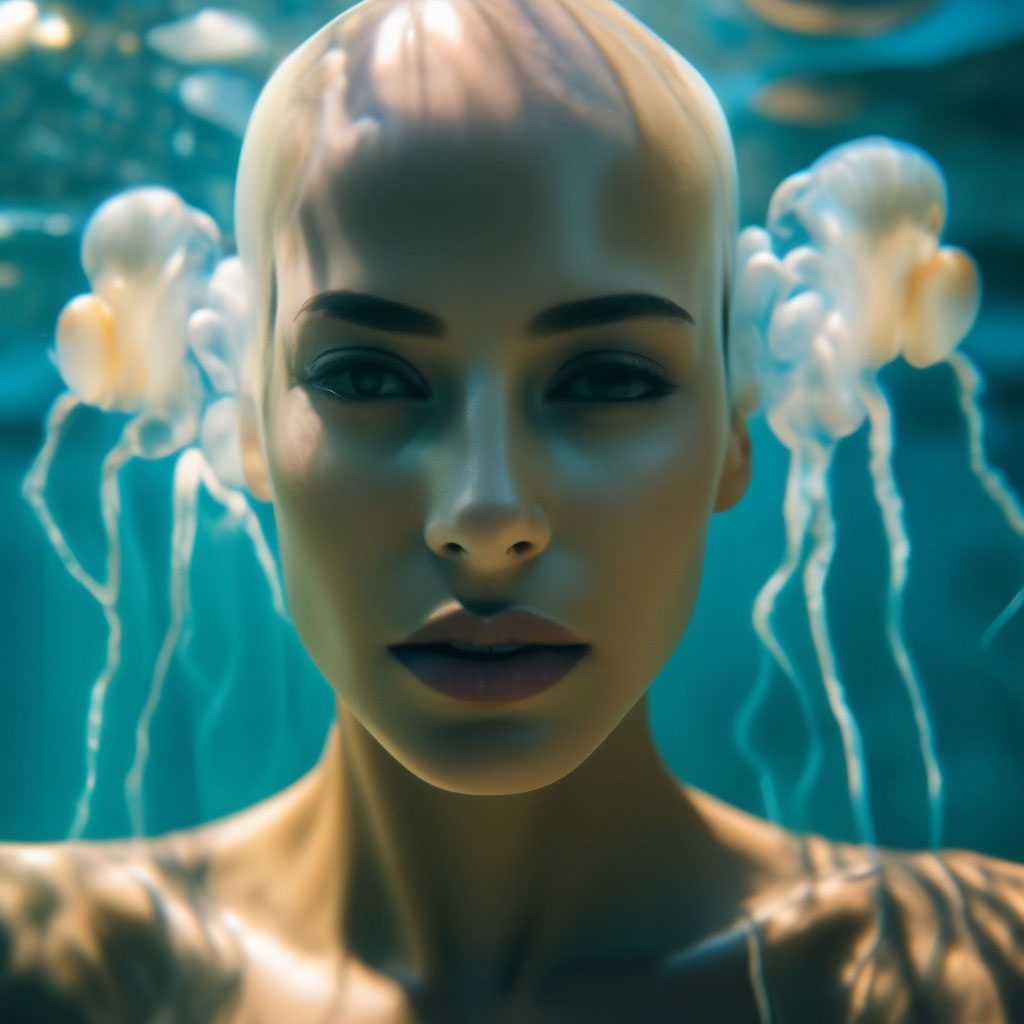 Прическа медуза женская фото "The jellyfish woman is bald with ." - image created in Shedevrum