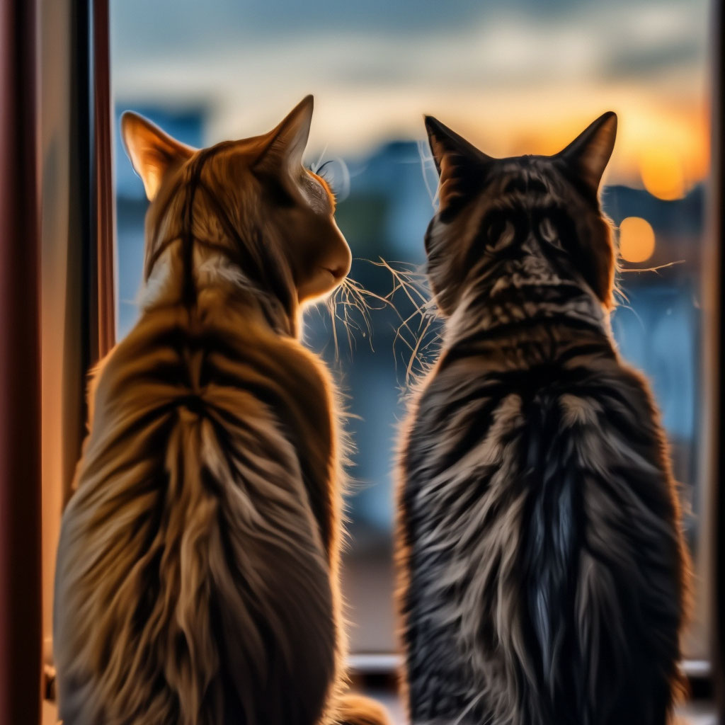 Две кошки смотрят в окно вечером …» — создано в Шедевруме