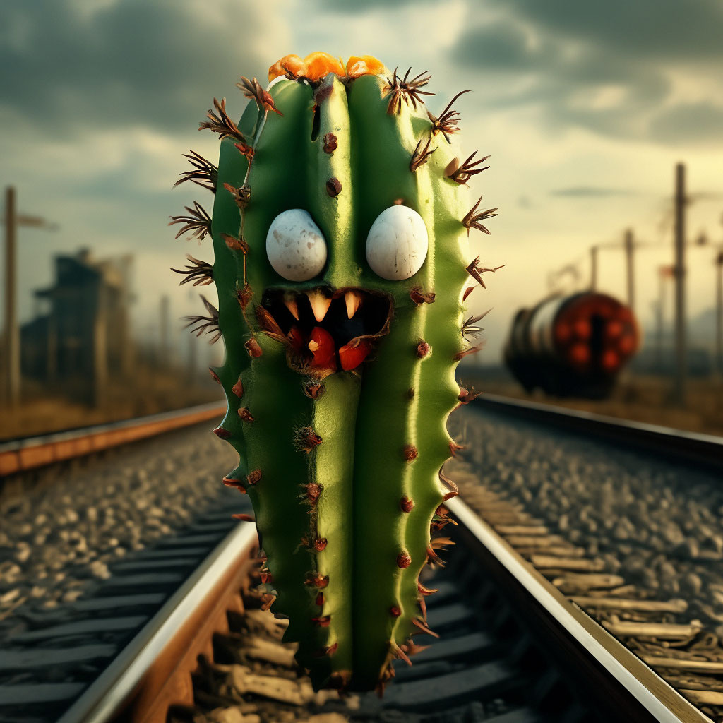 An evil cactus with the soul of a daisy breaks the rails, a mad train  leaves"  image created in Shedevrum