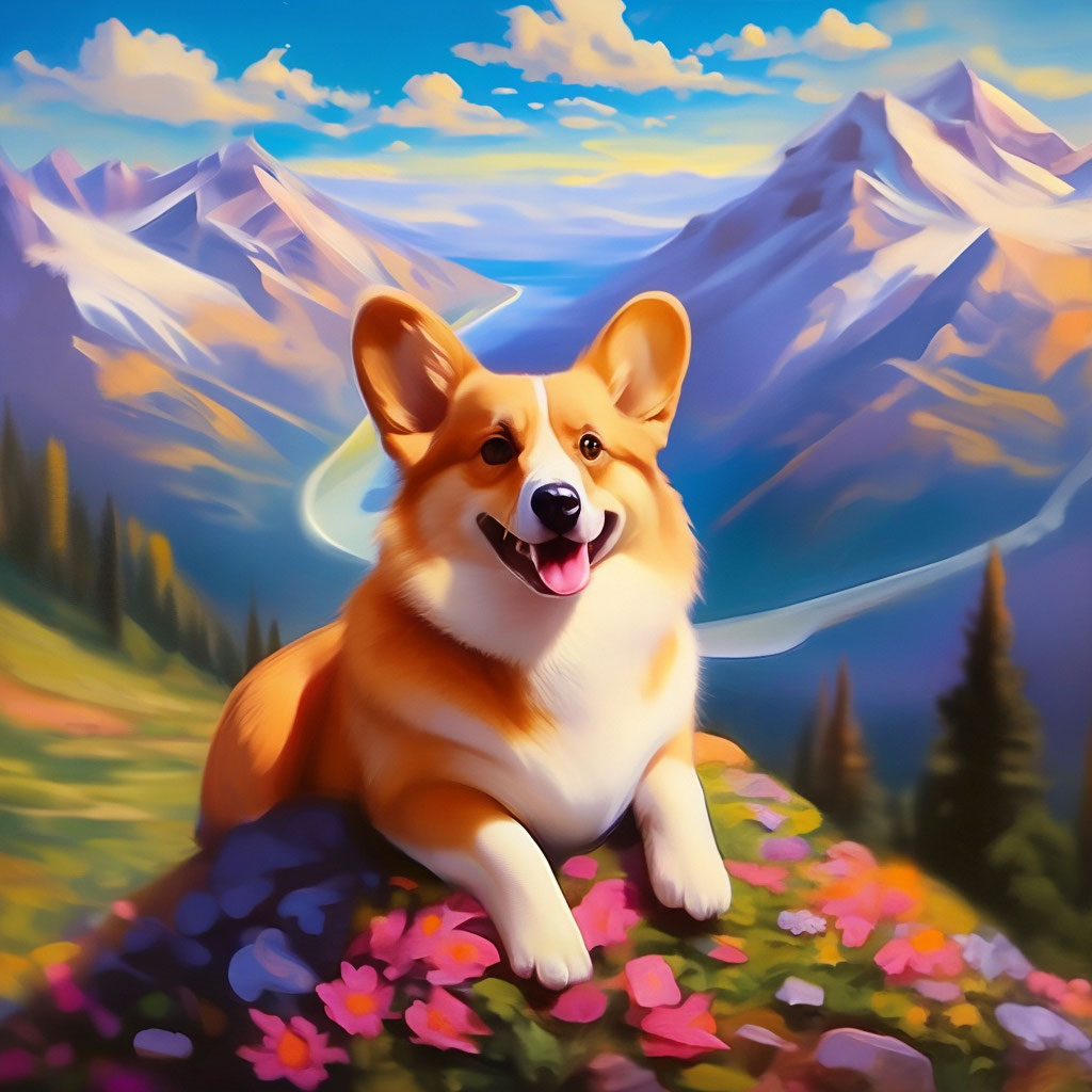 «Любовь, корги, мечта, горы» — картинка создана в Шедевруме