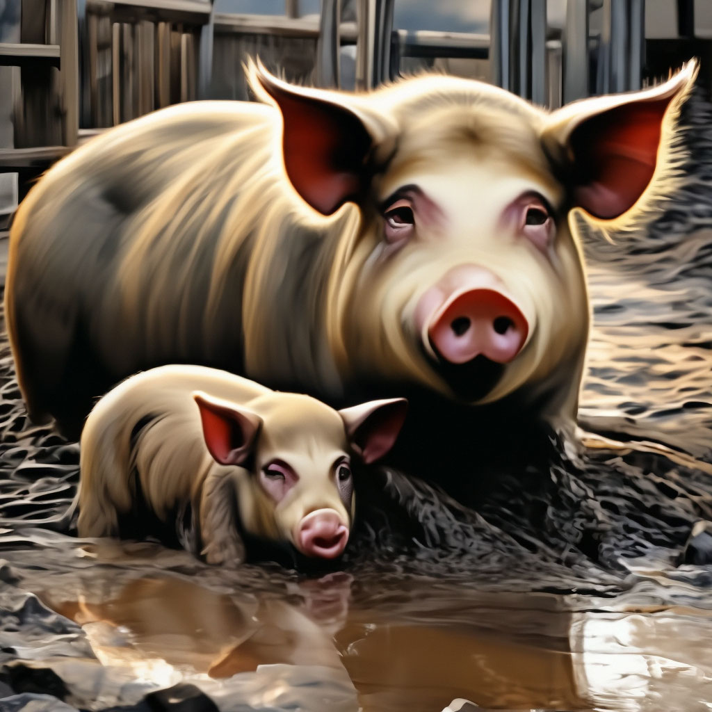 Большая довольная свинья с поросятами…» — создано в Шедевруме