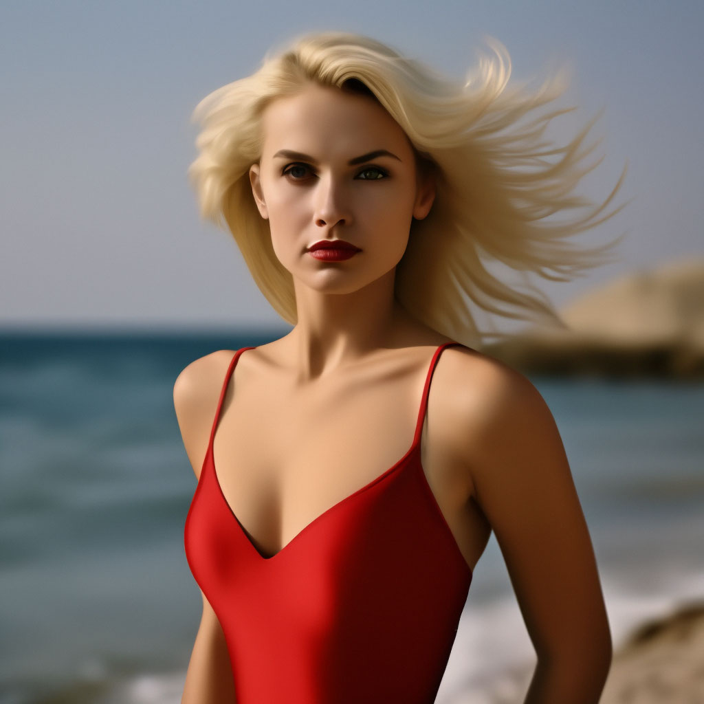 Красивая блондинка в красном купальнике с ярким макияжем и красными губами | Бесплатно Фото