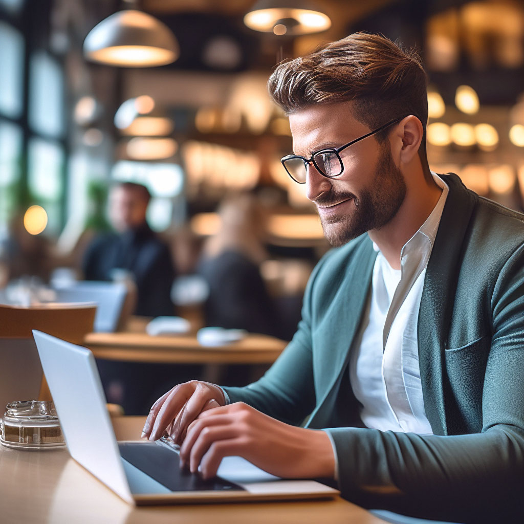 Парень на работе фото "A handsome man is working at a laptop." - image created in Shedevrum