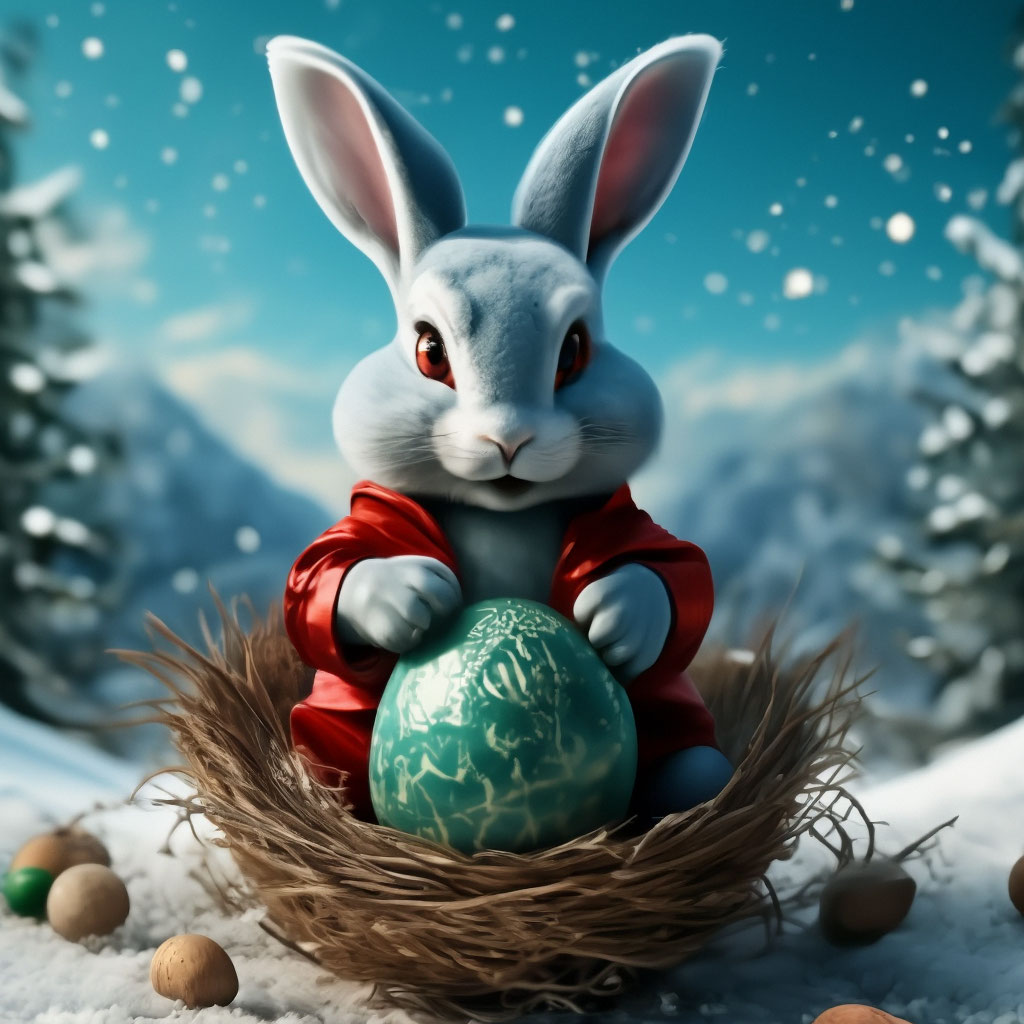 Голубой кролик разбивает яйцо, из …» — создано в Шедевруме
