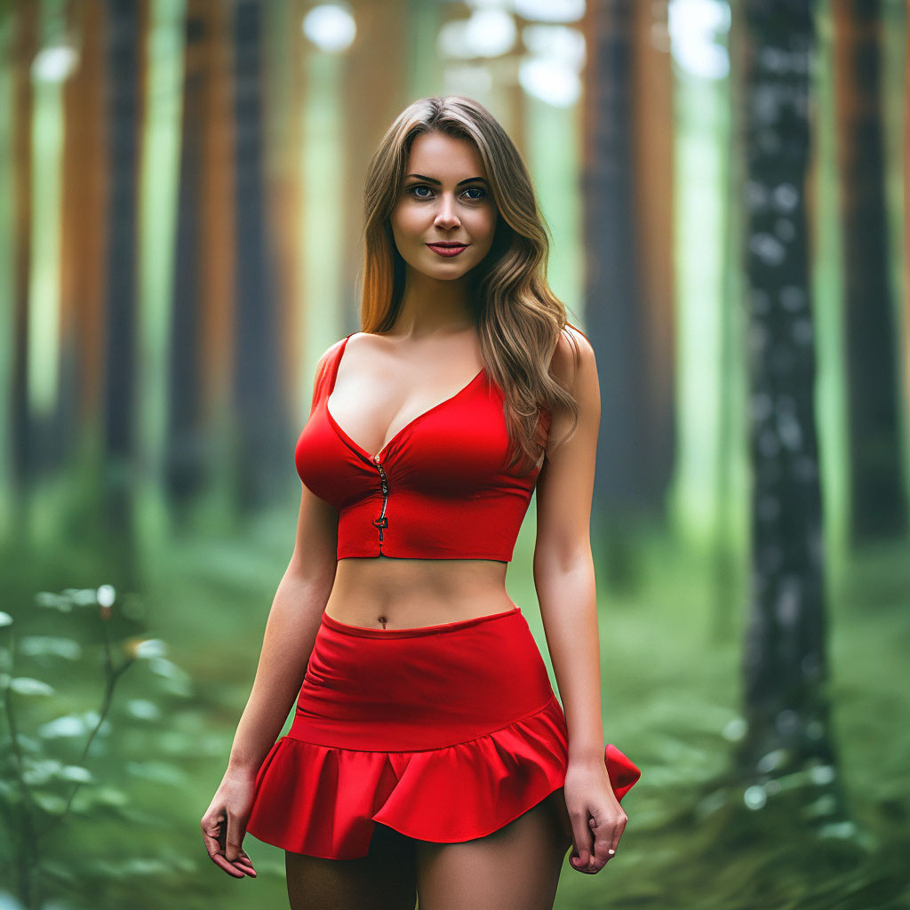 Голая девушка в лесу без трусиков под юбкой
